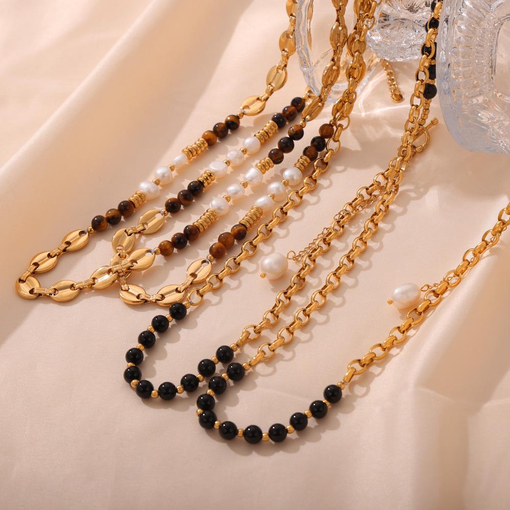 Fashion Retro Court Style Titanium Steel Gold Plated Natural Tiger Eye Freshwater Pearl Handmade Beaded Necklace