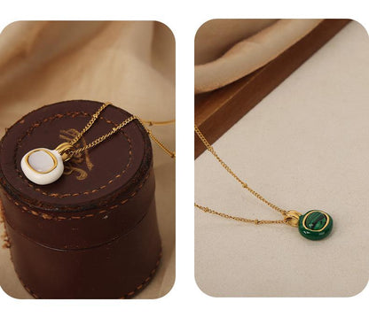 Vintage Personalized Titanium Steel Gold Plated Glazed White Shell Malachite Pendant Necklace