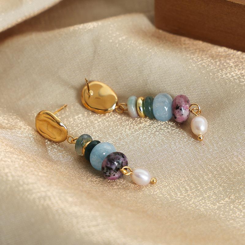 Vintage Light Luxury Natural Stone Handmade Beaded Long Freshwater Pearl Pendant Earrings