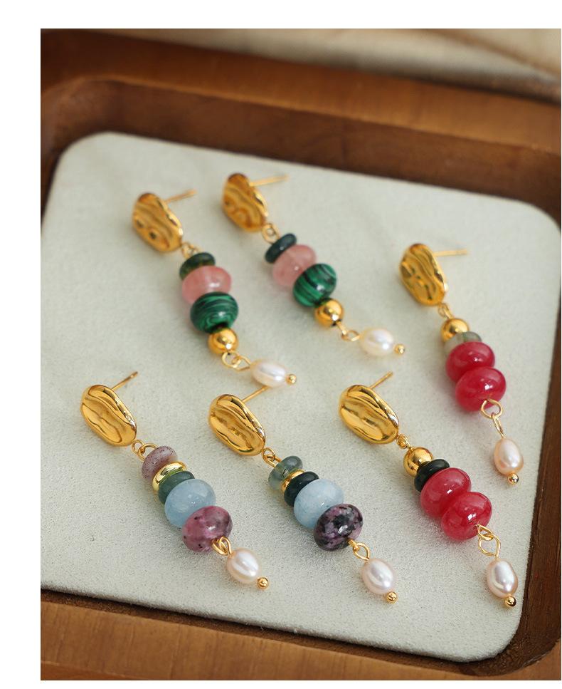 Vintage Light Luxury Natural Stone Handmade Beaded Long Freshwater Pearl Pendant Earrings