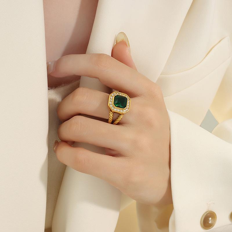 Fashion Personality Ring With Geometric Purple Zircon Green Crystal Stone Jewelry Gold Plated