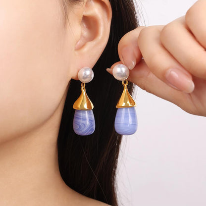 Niche Design Sense Titanium Steel Gold Plated Water Drop Resin Pendant Earrings