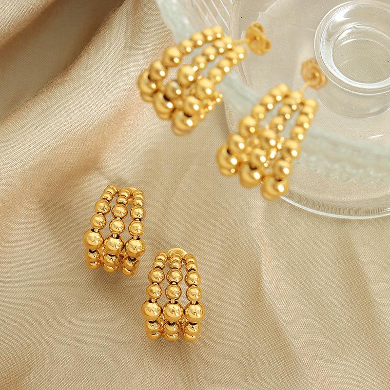 C- Shaped Semi-circular Three-layer Steel Ball Stitching Niche Design Metal Texture Fashion Personality Titanium Steel K-plated Gold Earrings