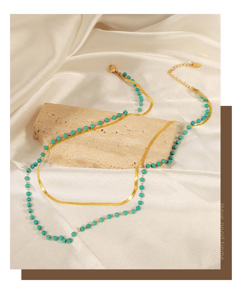 New Fashion Personalized Design All-match Titanium Steel Gold Plated Natural Turquoise Handmade Beaded Double-layer Necklace