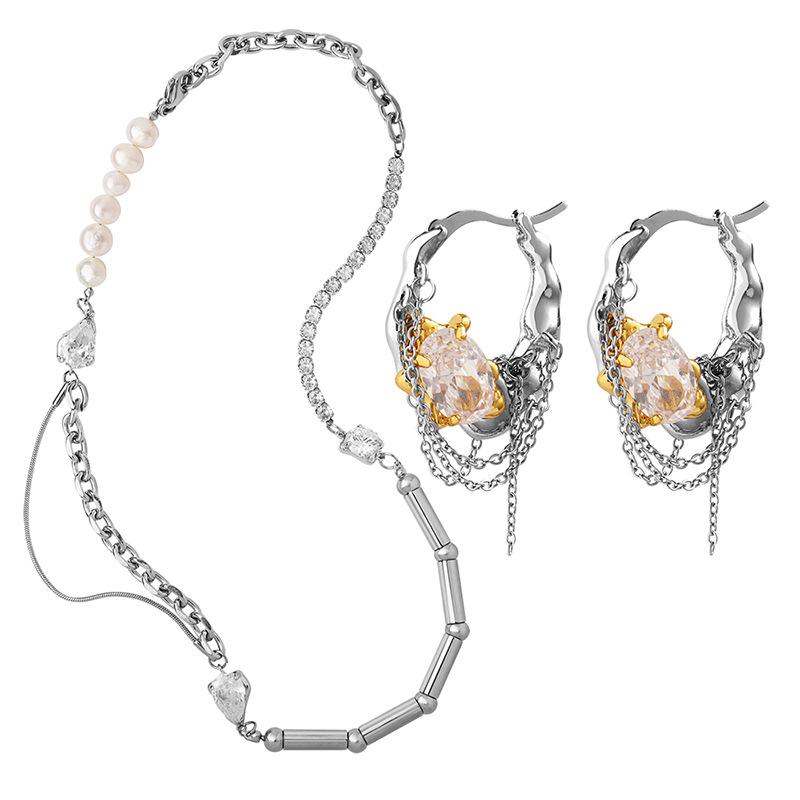 Exaggerated Personality Titanium Steel Necklace Copper Earrings Freshwater Pearl Inlaid Zircon Niche Design Sense