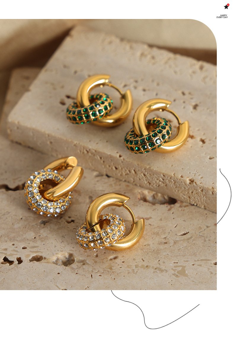 High-grade Light Luxury Personalized Fashion Retro Titanium Steel Gold Plated Diamond Round All-match Earrings