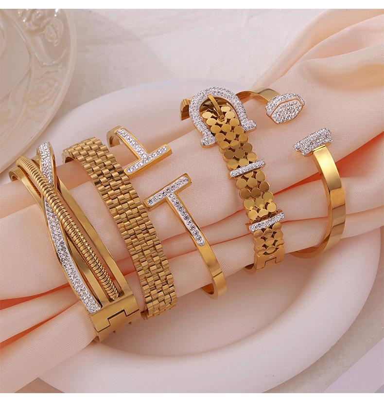 High-grade Jewelry Geometric Diamond Design Titanium Steel Gold-plated All-match Bracelet