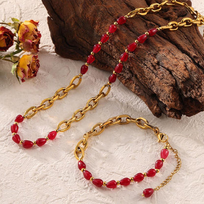 Elegant Jewelry Red Agate Garnet Beaded Design Sense Titanium Steel Gold Plated Jewelry Set