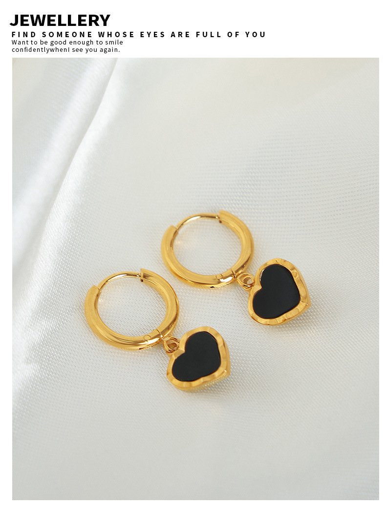 High-grade Light Luxury Personalized Black Drop Glaze Peach Heart Titanium Steel Gold Plated Earrings