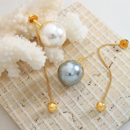 Exaggerated Design Fashion Personality Imitation Pearl White Grey Tassel Earrings Gold Plated Chain Steel Ball Pendant