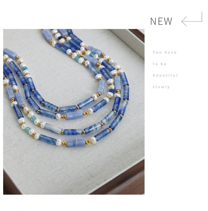 Luxury Palace Style Natural Blue Chalcedony Handmade Beaded Freshwater Pearl Necklace