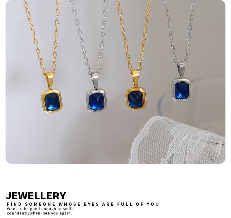 Titanium Steel Plated 18K True Gold Light Luxury Inlaid Blue Crystal Pendant Necklace Handmade Clavicle Chain