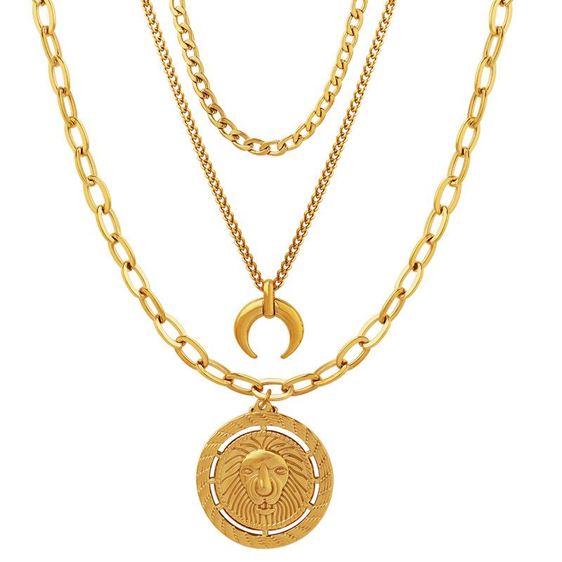 Three Layer Stacked Necklace Moon Lion Round Pendant Clavicle Chain Titanium Steel Plated 18K Gold