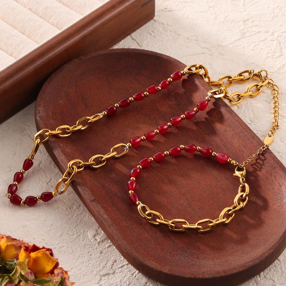 Elegant Jewelry Red Agate Garnet Beaded Design Sense Titanium Steel Gold Plated Jewelry Set