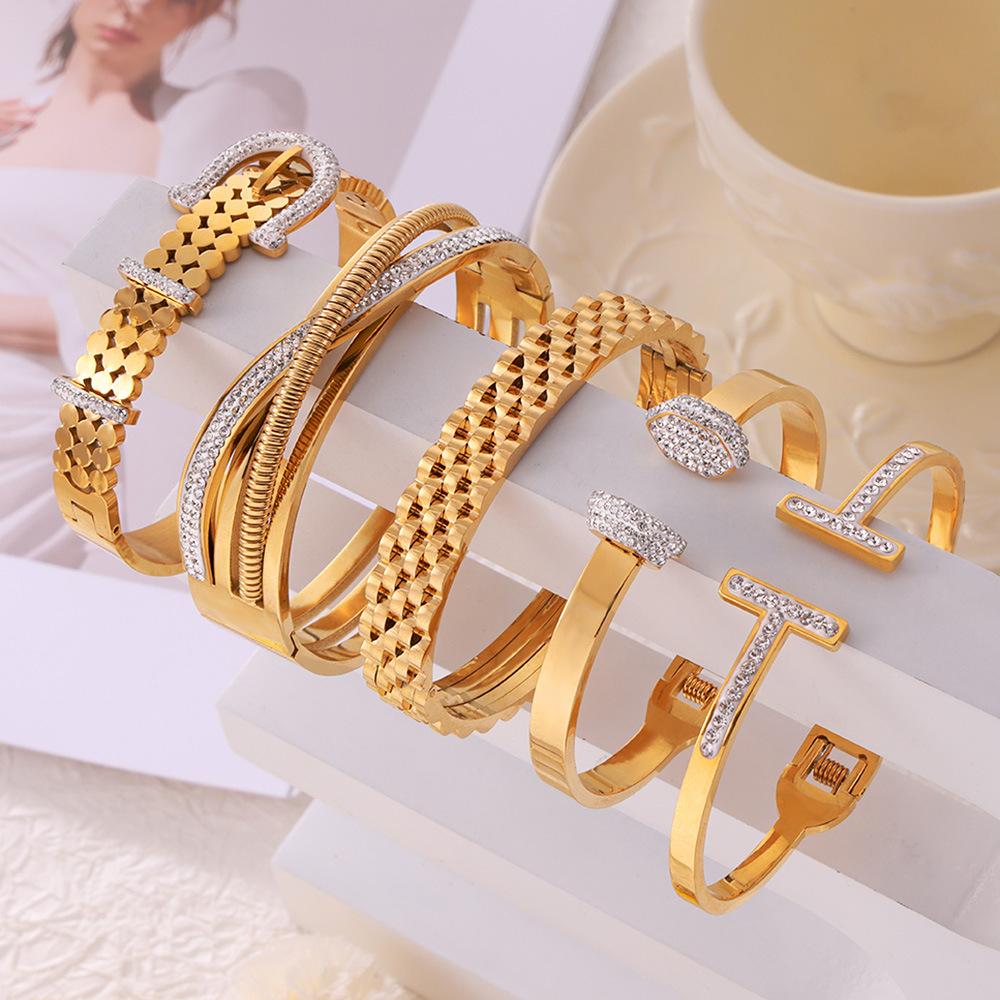 High-grade Jewelry Geometric Diamond Design Titanium Steel Gold-plated All-match Bracelet