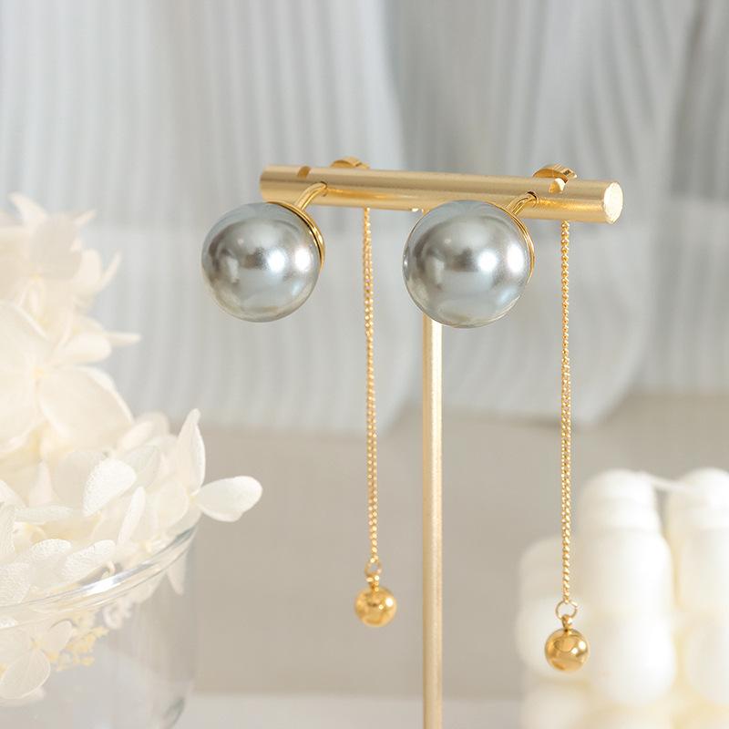 Exaggerated Design Fashion Personality Imitation Pearl White Grey Tassel Earrings Gold Plated Chain Steel Ball Pendant