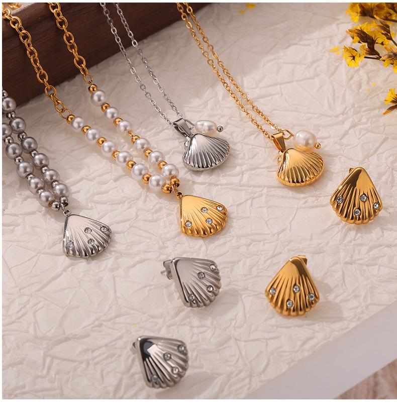 Diamond Shell Shape Design Sense Pendant Freshwater Pearl Titanium Steel Jewelry Set