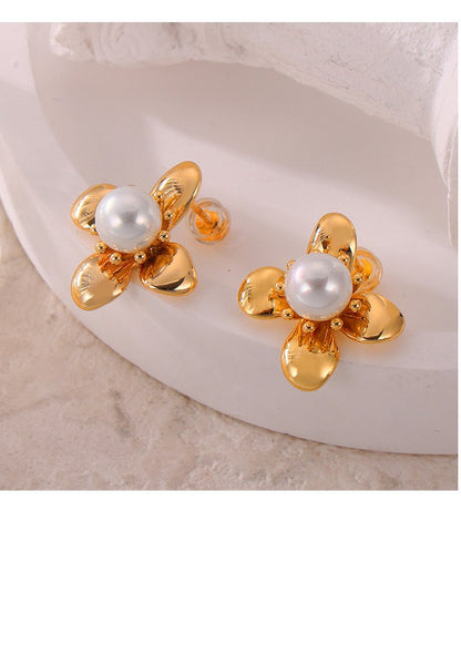 Geometric Jewelry Flower Shape Inlaid Imitation Pearl Design Sense Titanium Steel Gold Plated Earrings