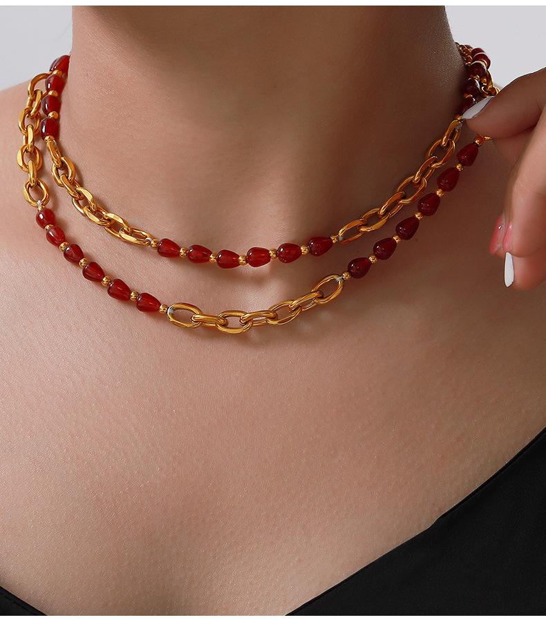 Elegant Jewelry Red Agate Garnet Beaded Design Sense Titanium Steel Gold Plated Jewelry Set