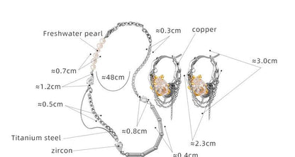 Exaggerated Personality Titanium Steel Necklace Copper Earrings Freshwater Pearl Inlaid Zircon Niche Design Sense