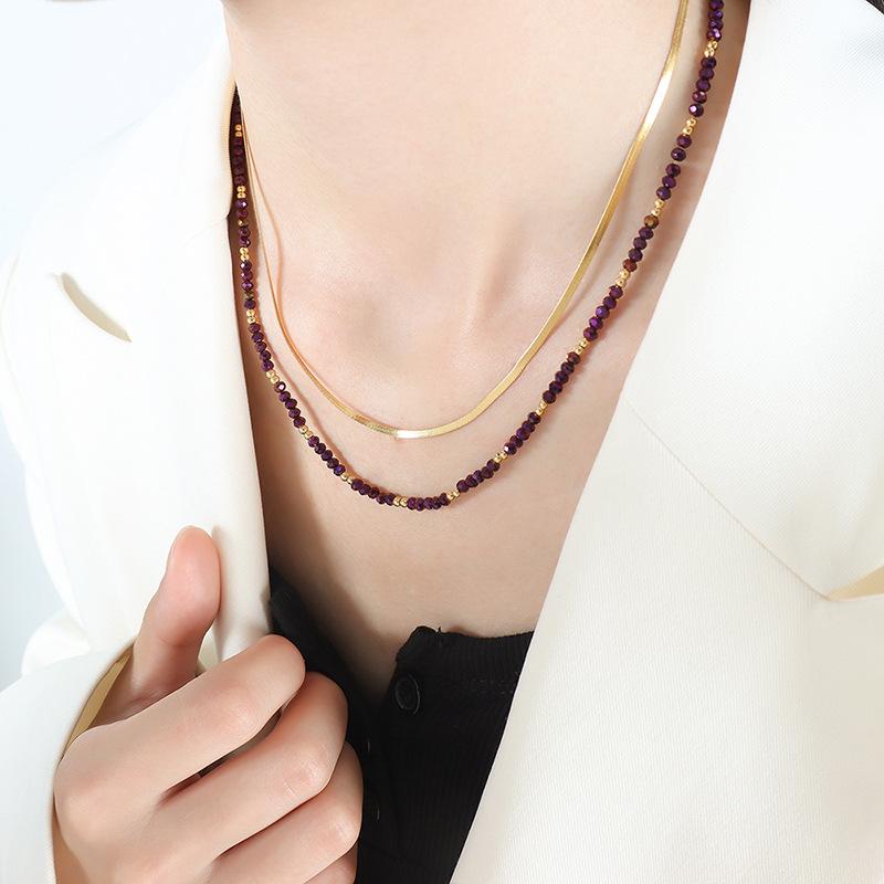 Retro Fashion Personalized Double Layer Stacked Necklace Glass Stone Exquisite Temperament