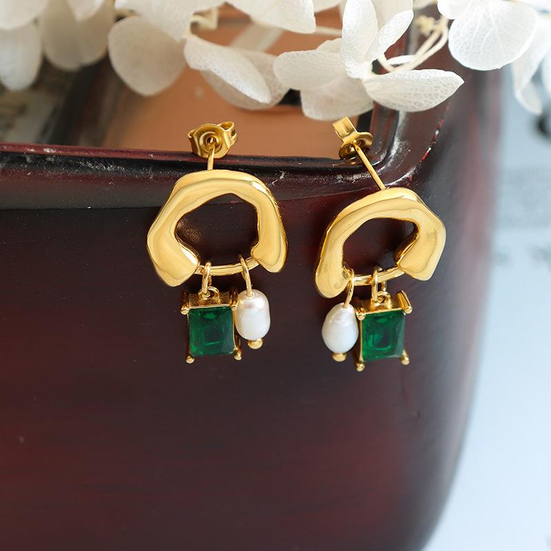 Geometric Freshwater Pearl Emerald Pendant Earrings