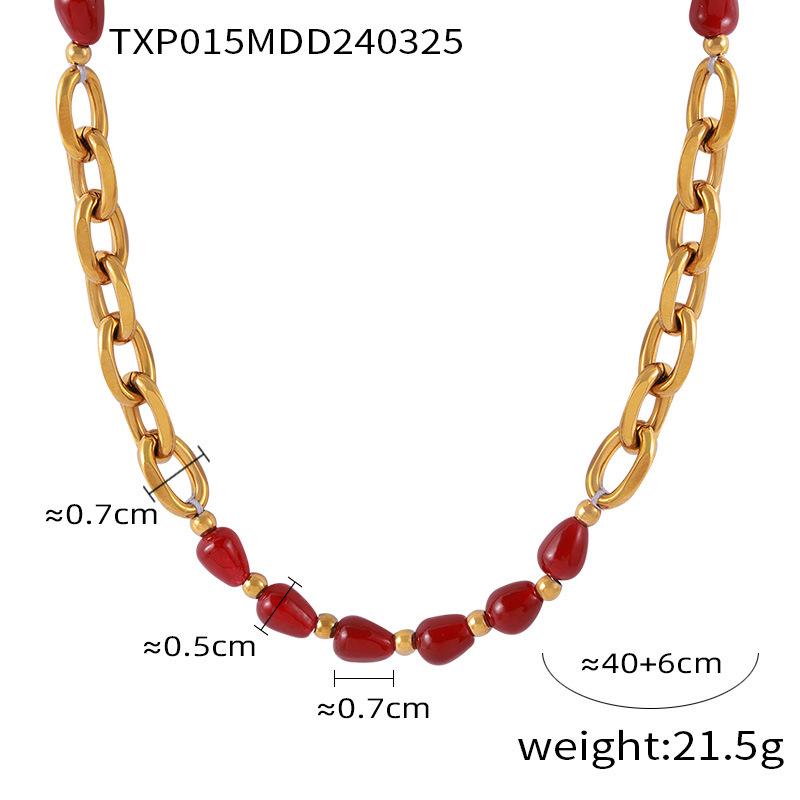 Elegant Jewelry Red Agate Garnet Beaded Design Sense Titanium Steel Gold Plated Jewelry Set