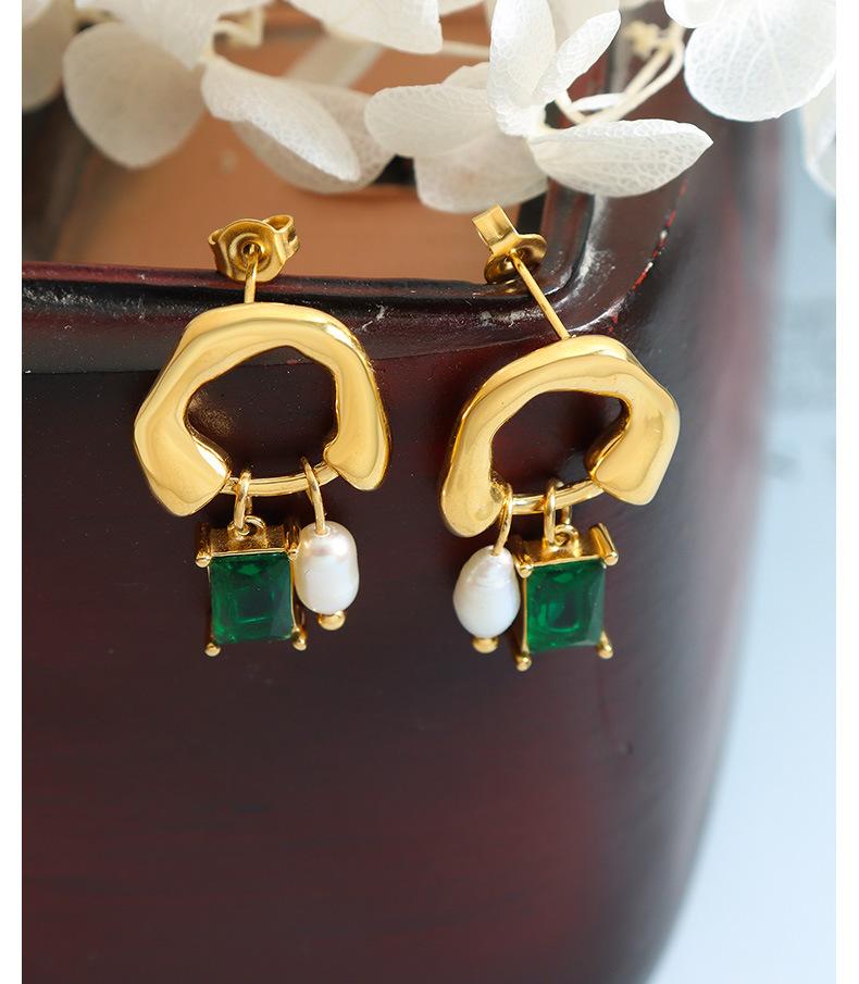 Geometric Freshwater Pearl Emerald Pendant Earrings