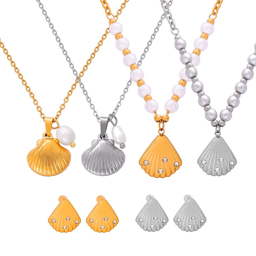 Diamond Shell Shape Design Sense Pendant Freshwater Pearl Titanium Steel Jewelry Set