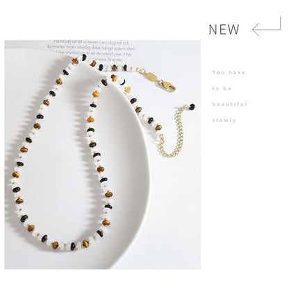 Natural White Jade Tiger Eye Handmade Beaded Black Agate Necklace