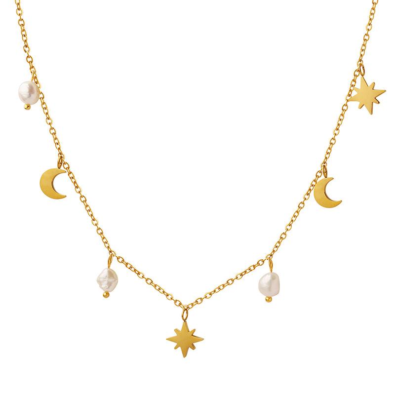 Star Moon Natural Freshwater Pearl Tassel Collarbone Necklace