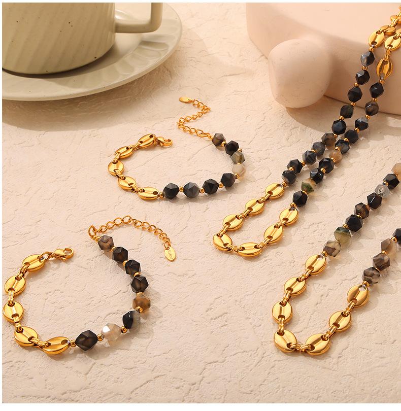 Irregular Natural Stone Titanium Steel Gold Plated Handmade Beaded Necklace Bracelet Set