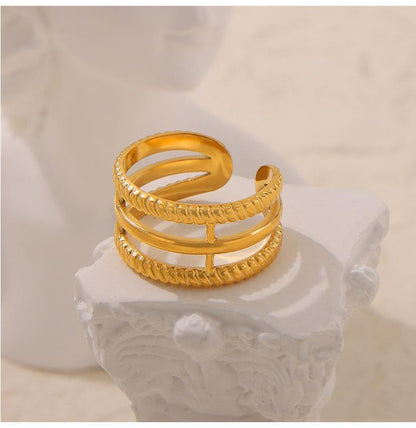 Simple Personality Design Sense Geometric Texture Stitching Ring Titanium Steel Multi-layer Stacked Wear Style