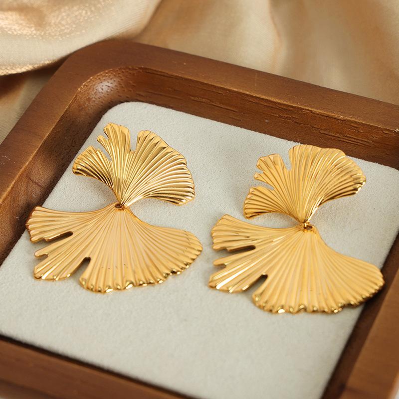 Light Luxury Vintage Fresh All-match Titanium Steel Gold Plated Ginkgo Leaf Earrings