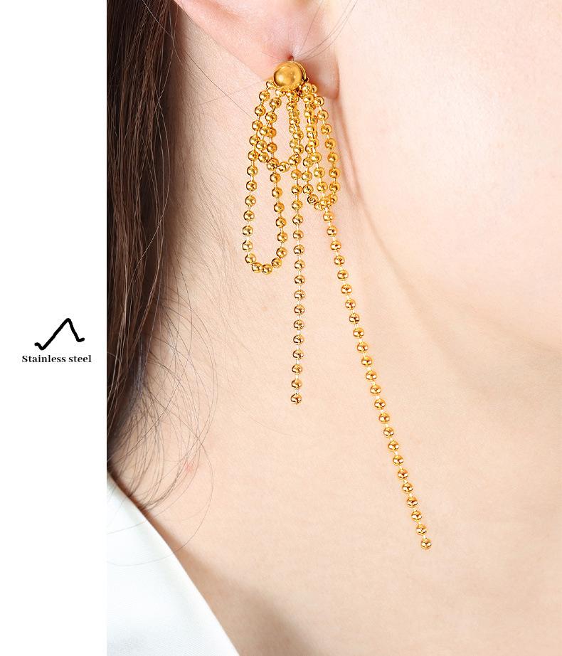 Chain Earrings Titanium Steel Gold Plated Chain Beads Tassel Pendant Stud Earrings