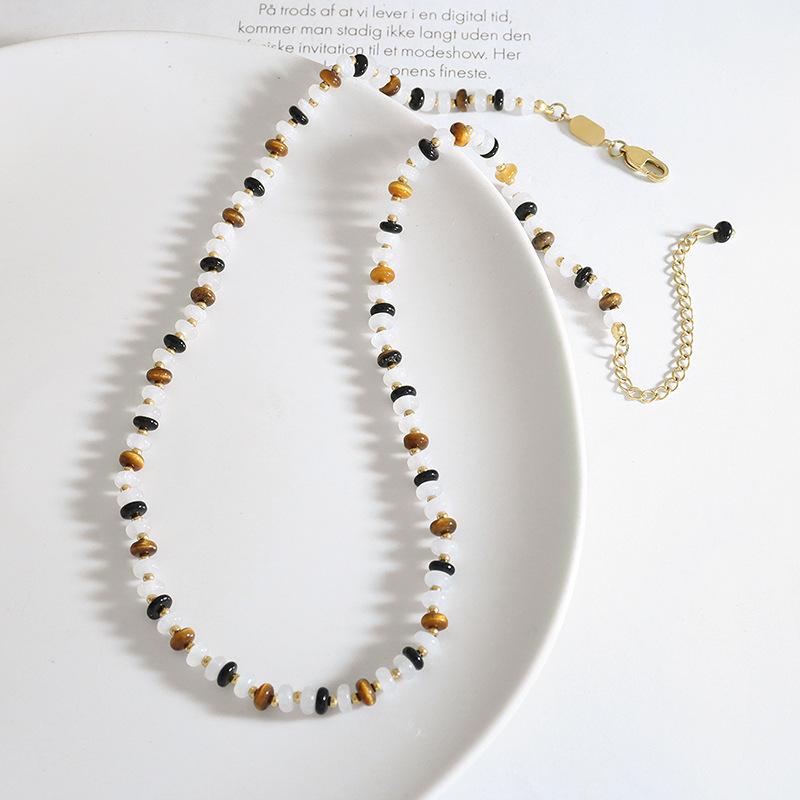 Natural White Jade Tiger Eye Handmade Beaded Black Agate Necklace