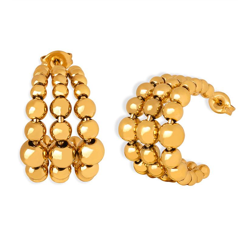 C- Shaped Semi-circular Three-layer Steel Ball Stitching Niche Design Metal Texture Fashion Personality Titanium Steel K-plated Gold Earrings