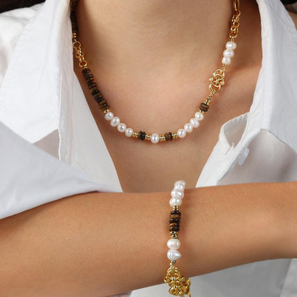 Light Luxury Vintage Natural Tiger Eye Freshwater Pearl Handmade Beaded Necklace Bracelet