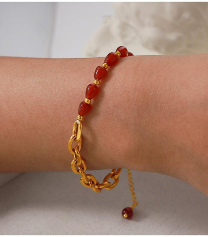 Elegant Jewelry Red Agate Garnet Beaded Design Sense Titanium Steel Gold Plated Jewelry Set