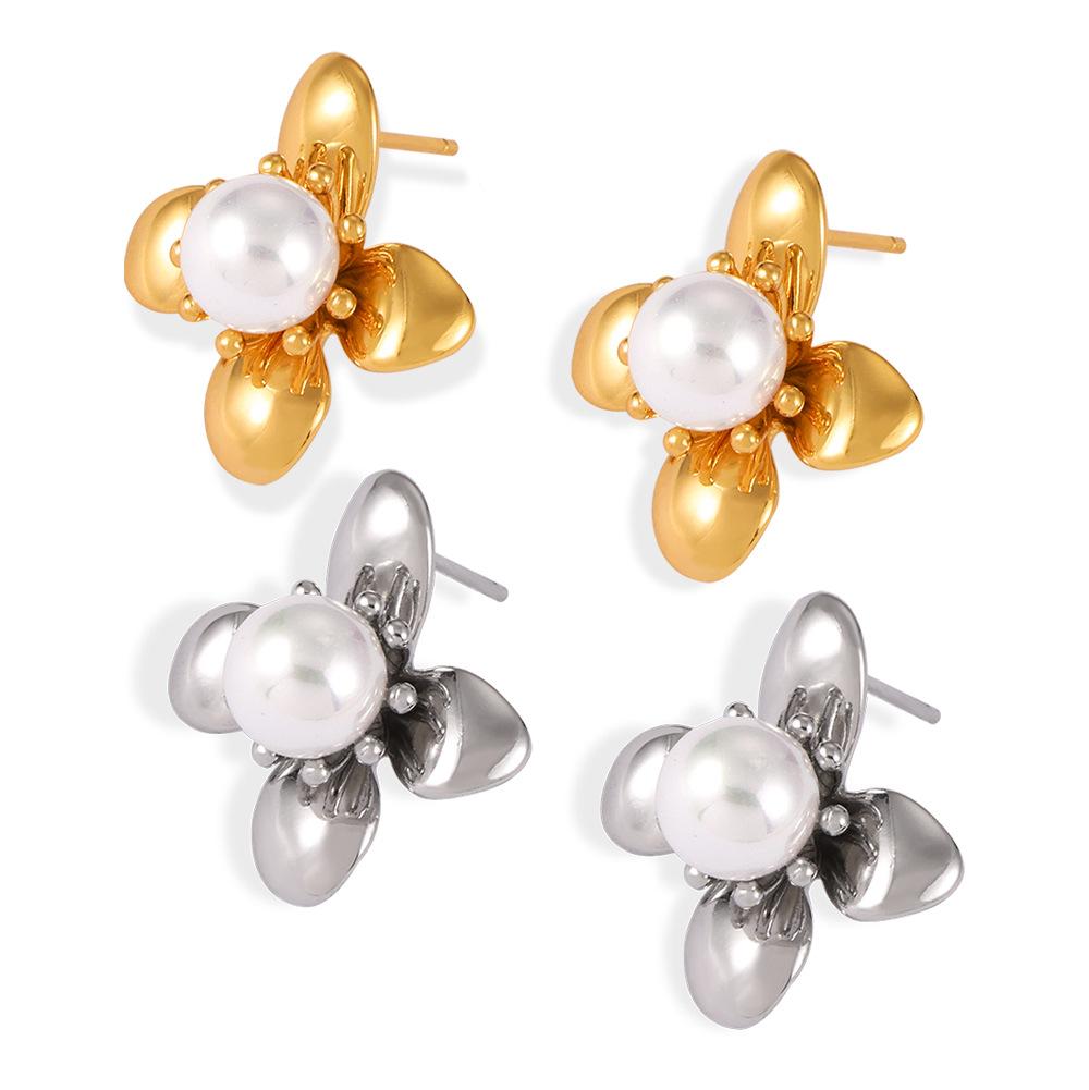 Geometric Jewelry Flower Shape Inlaid Imitation Pearl Design Sense Titanium Steel Gold Plated Earrings