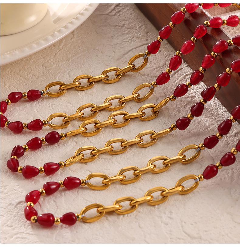 Elegant Jewelry Red Agate Garnet Beaded Design Sense Titanium Steel Gold Plated Jewelry Set