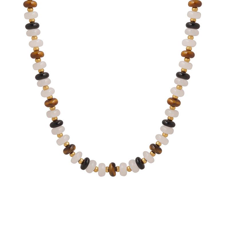 Natural White Jade Tiger Eye Handmade Beaded Black Agate Necklace