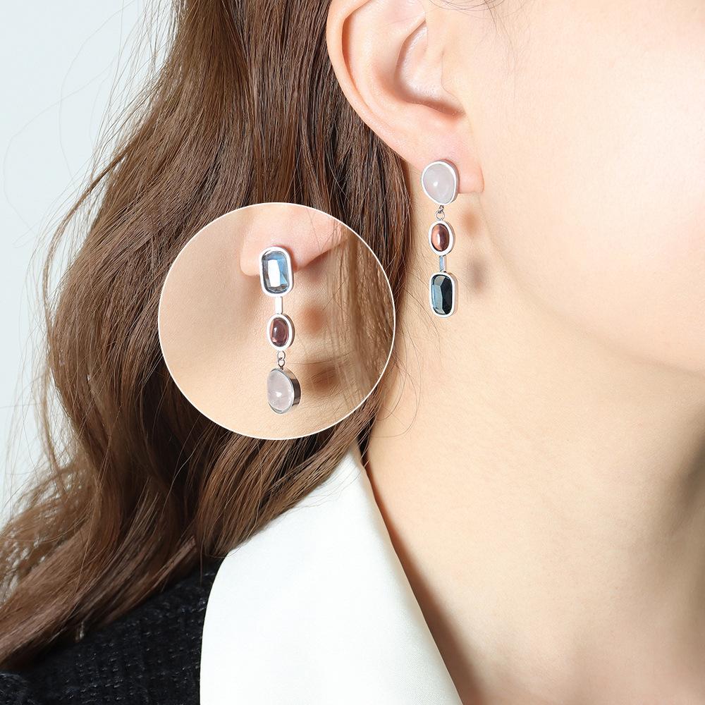 Personalized Design Titanium Steel Non-fading Earrings Asymmetric Inlaid Spar Color Earrings