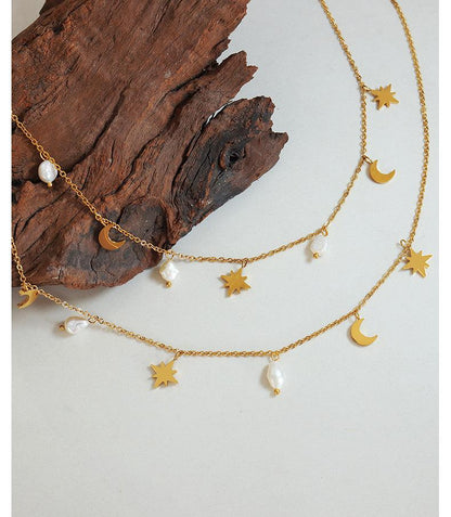 Star Moon Natural Freshwater Pearl Tassel Collarbone Necklace