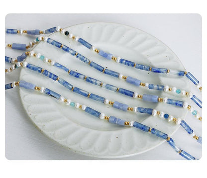 Luxury Palace Style Natural Blue Chalcedony Handmade Beaded Freshwater Pearl Necklace