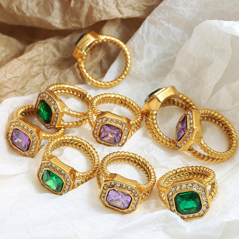 Fashion Personality Ring With Geometric Purple Zircon Green Crystal Stone Jewelry Gold Plated