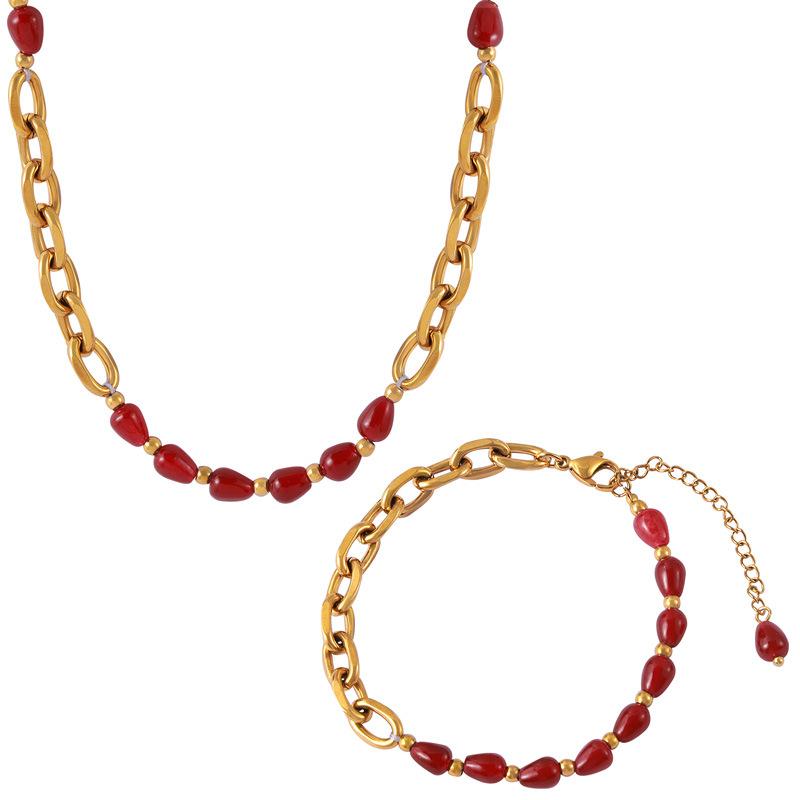 Elegant Jewelry Red Agate Garnet Beaded Design Sense Titanium Steel Gold Plated Jewelry Set