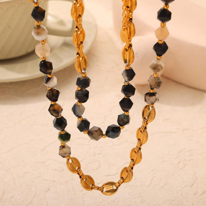 Irregular Natural Stone Titanium Steel Gold Plated Handmade Beaded Necklace Bracelet Set