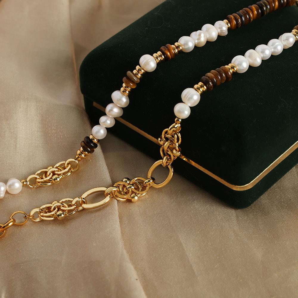 Light Luxury Vintage Natural Tiger Eye Freshwater Pearl Handmade Beaded Necklace Bracelet