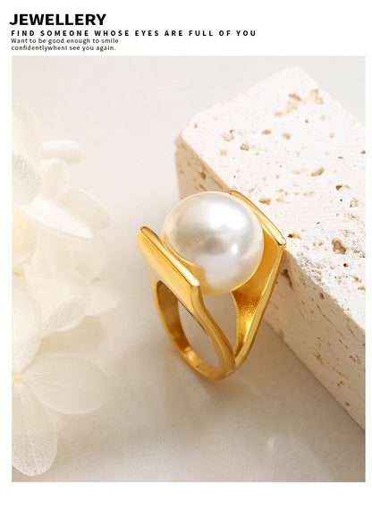 Y Pearl Unique Style Ring Exaggerated Personality Titanium Steel Plated With 18K Gold